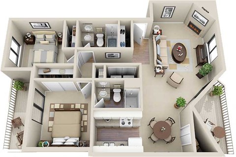 Floor plan for 2 beds, 2 baths, 970 sqft